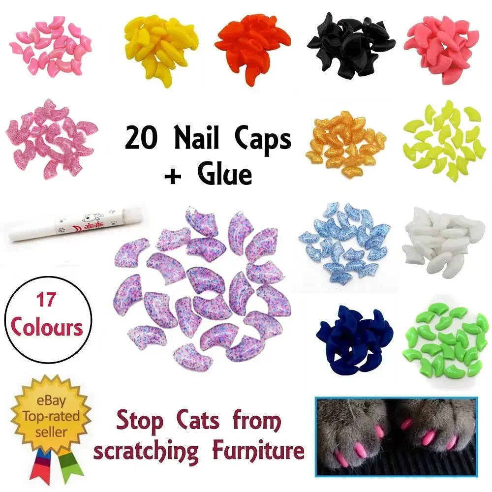 20PCS Soft Silicone Cat Nail Caps – Claw Covers with Adhesive for Pet Paw Protection