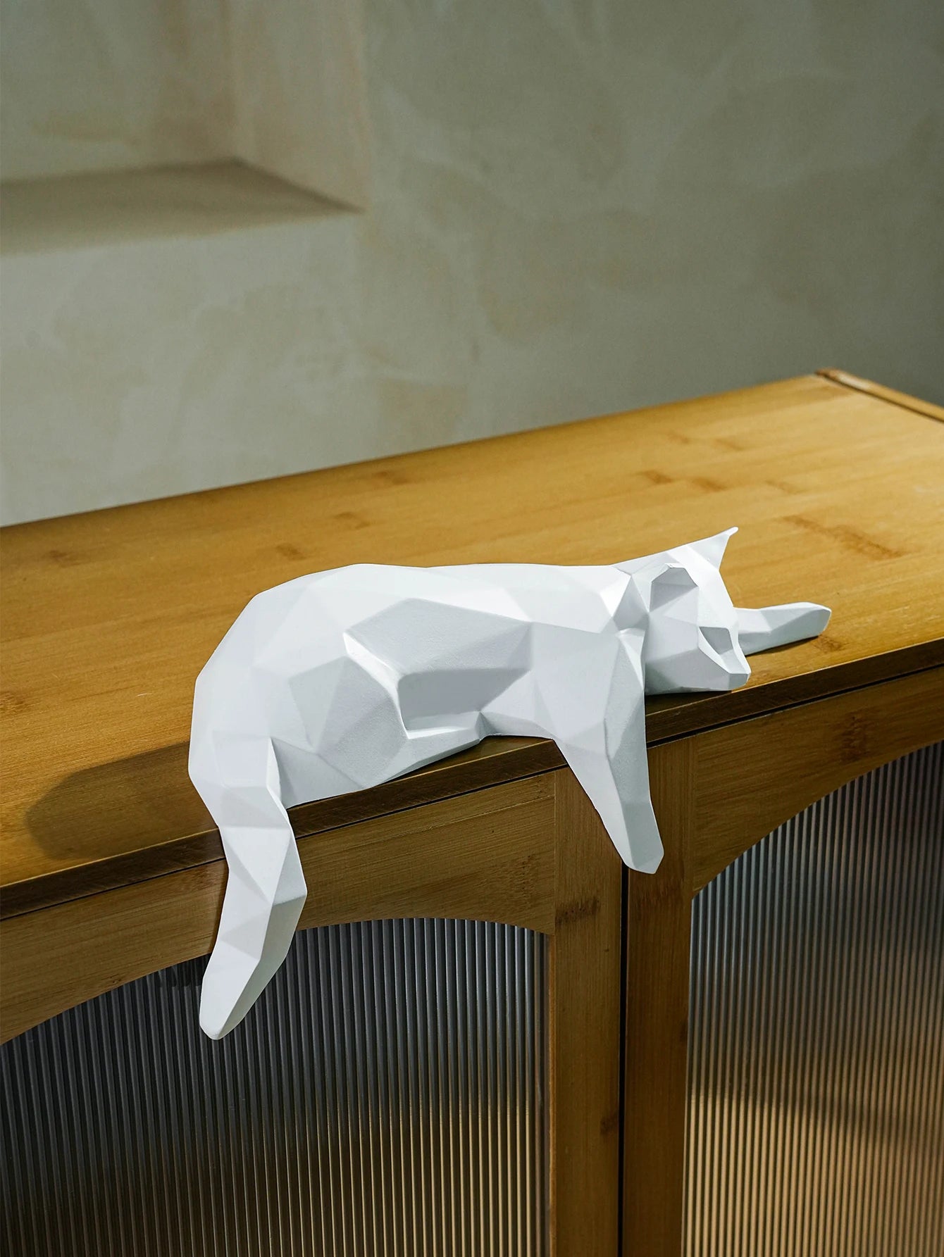 White & Black Geometric Cat Statue – Modern Lying Cat Figurine