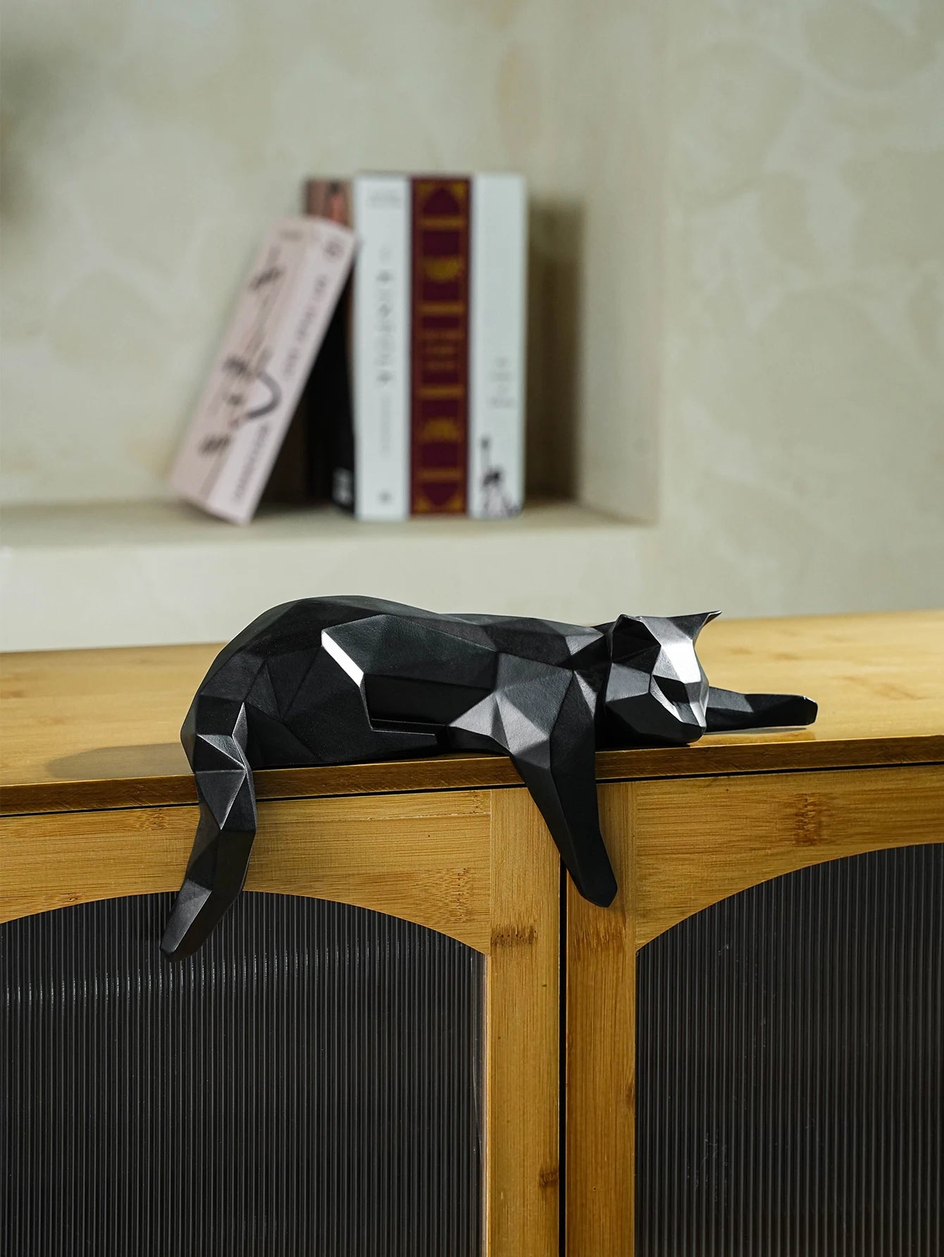 White & Black Geometric Cat Statue – Modern Lying Cat Figurine