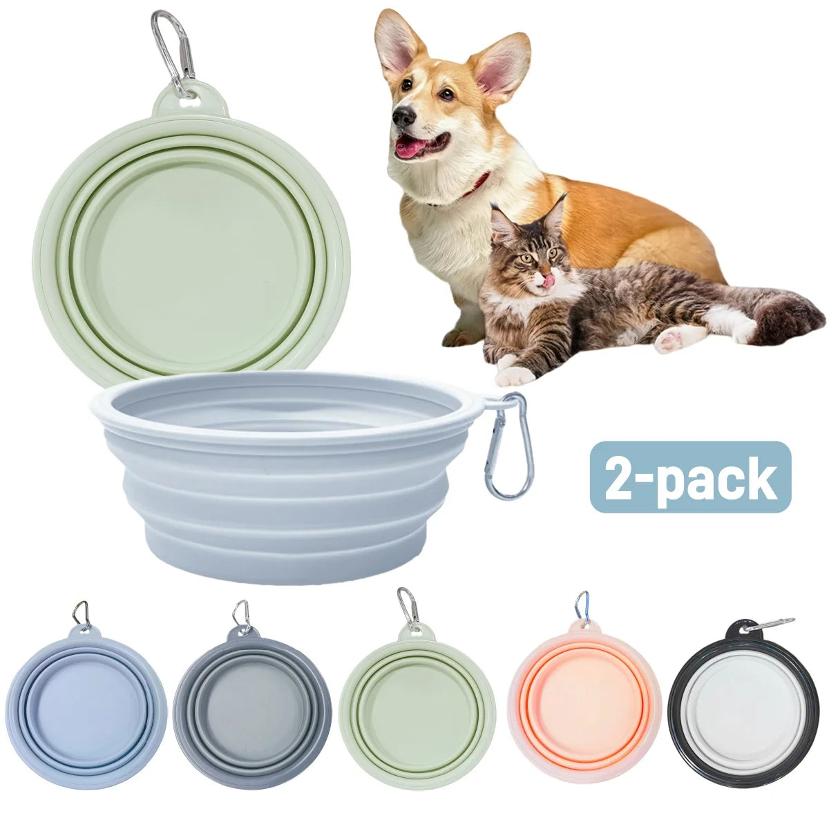 2pcs Collapsible Silicone Pet Bowls with Carabiner – Portable Dog Food & Water Bowls