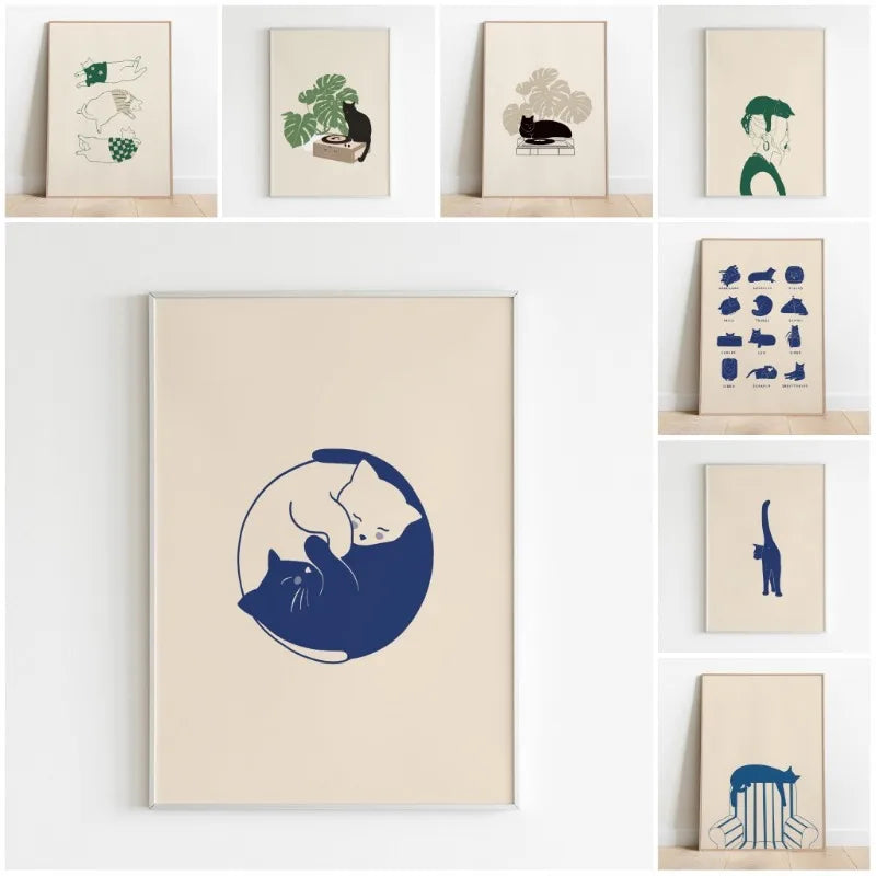 Minimalist Sleepy Kitties Wall Art – Cute Cat Illustration Canvas