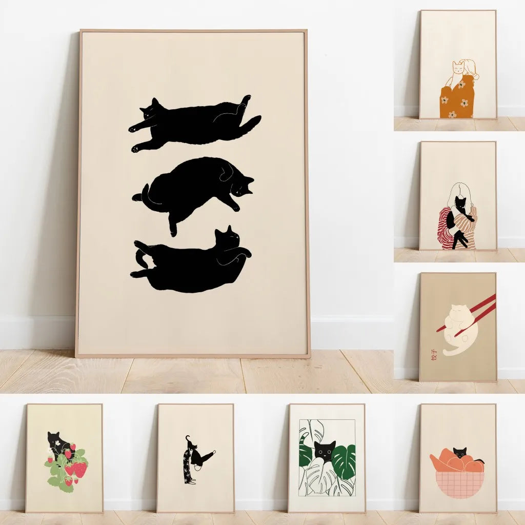 Minimalist Sleepy Kitties Wall Art – Cute Cat Illustration Canvas