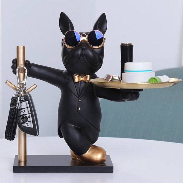 French Bulldog Sculpture with Metal Tray – Decorative Coin Bank & Key Holder