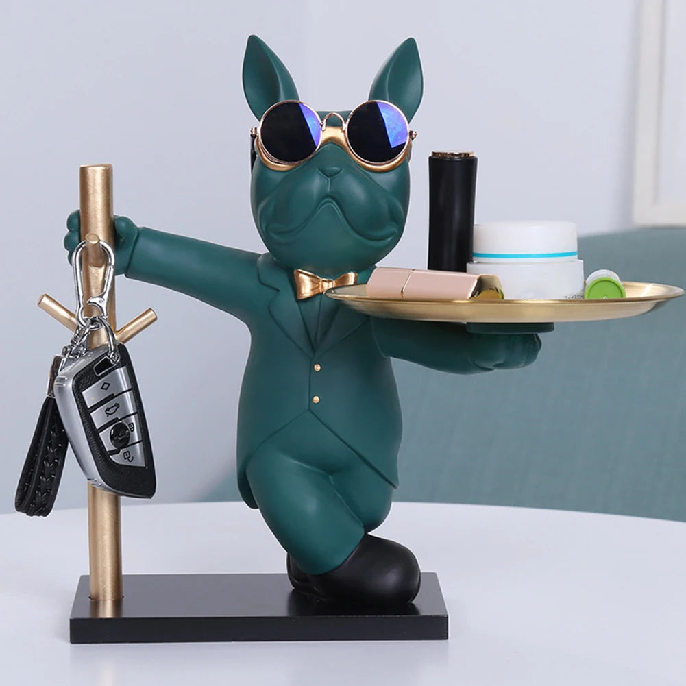 French Bulldog Sculpture with Metal Tray – Decorative Coin Bank & Key Holder