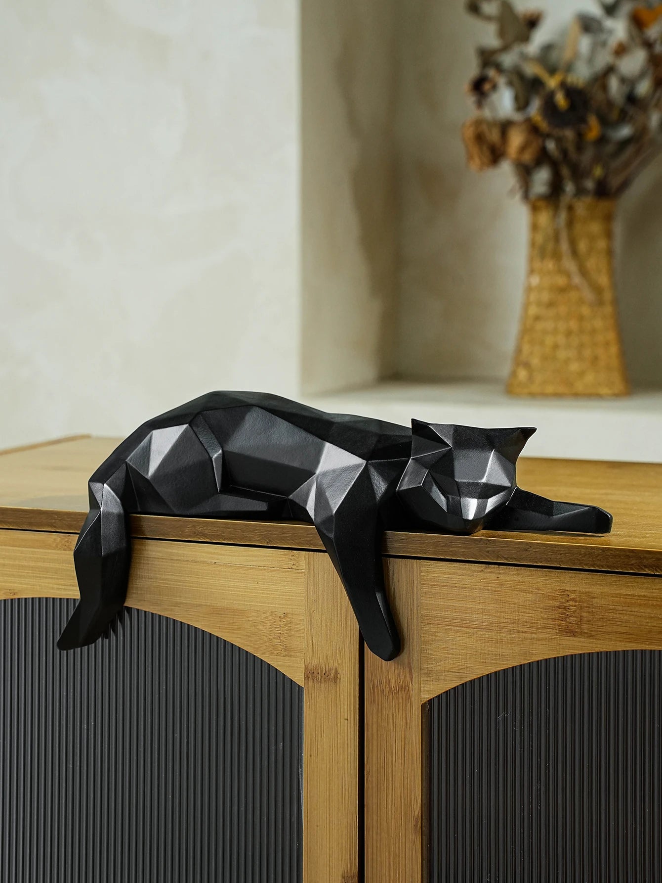 White & Black Geometric Cat Statue – Modern Lying Cat Figurine