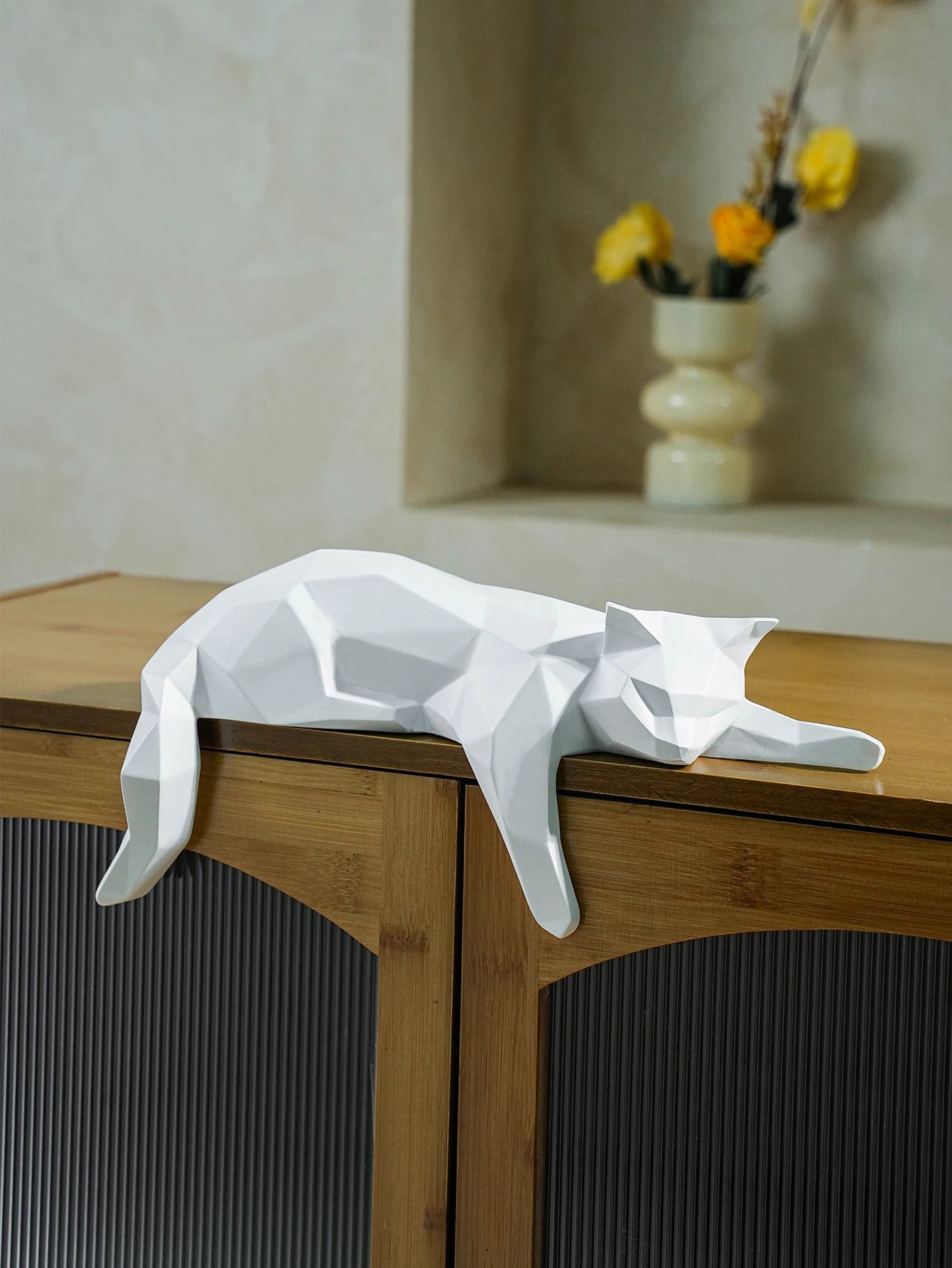 White & Black Geometric Cat Statue – Modern Lying Cat Figurine