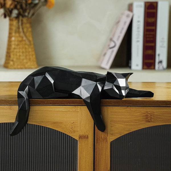 White & Black Geometric Cat Statue – Modern Lying Cat Figurine