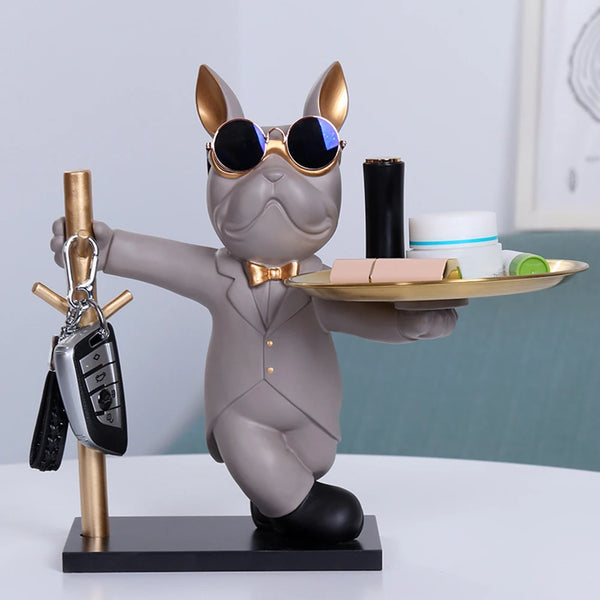 French Bulldog Sculpture with Metal Tray – Decorative Coin Bank & Key Holder