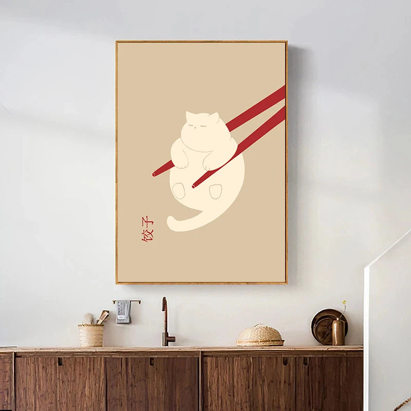 Funny Dumpling Cat Line Art Canvas – Nordic Wall Poster for Home Décor
