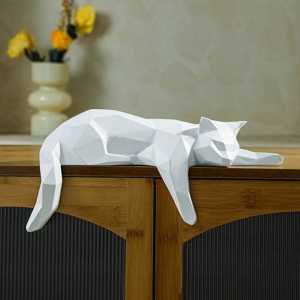 White & Black Geometric Cat Statue – Modern Lying Cat Figurine