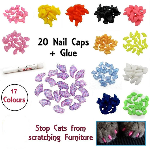 20PCS Soft Silicone Cat Nail Caps – Claw Covers with Adhesive for Pet Paw Protection