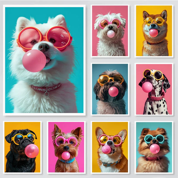 Dog Colorful Bubblegum Sunglasses Poster Prints Samoyed French Bulldog Corgi Canvas Painting Wall Art Picture Room Home Decor