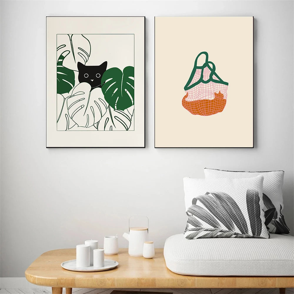 Funny Dumpling Cat Line Art Canvas – Nordic Wall Poster for Home Décor