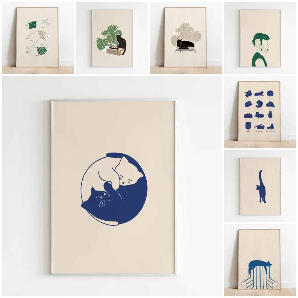 Minimalist Sleepy Kitties Wall Art – Cute Cat Illustration Canvas